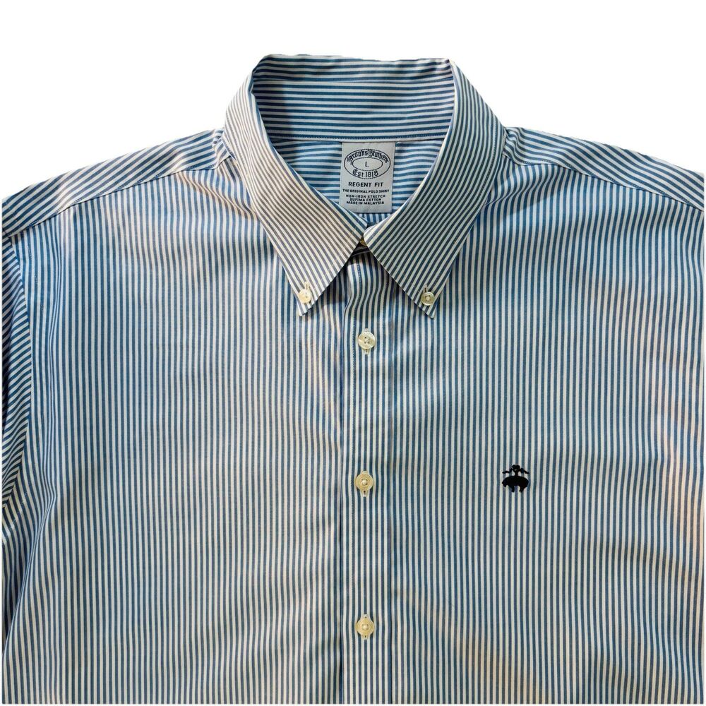 Brooks Brothers Regent Fit Shirt Mens L Blue Stripe Non Iron Stretch Button Down